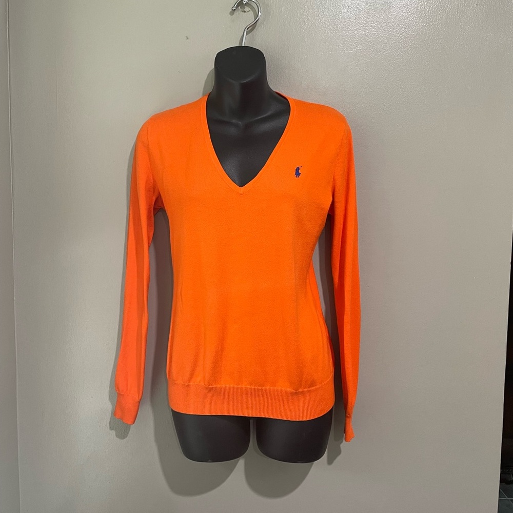 Ralph Lauren Orange V-Neck Sweater with Blue Pony